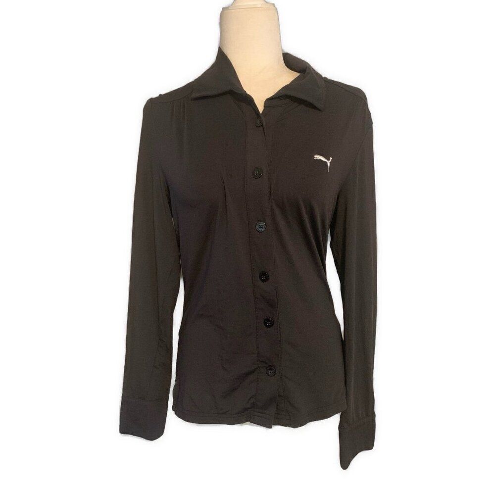 Puma Black Long Sleeve Button Down Polo Soft Stretchy Top medium